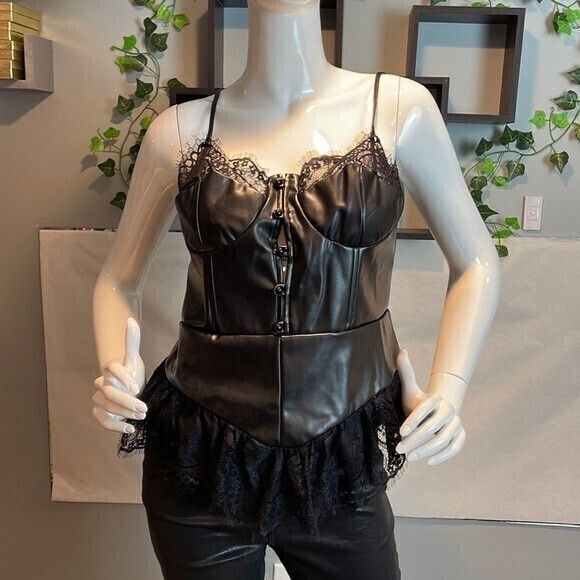 Faux Leather with ruffle lace Trim Top Black Size M Ref100 - Picture 4 of 8